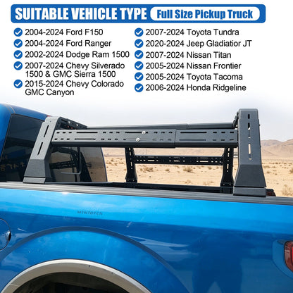 Overland Truck Bed Racks heavy-duty cargo solution on steel rails over blue pickup bed on Tampa Home & Garden Store
