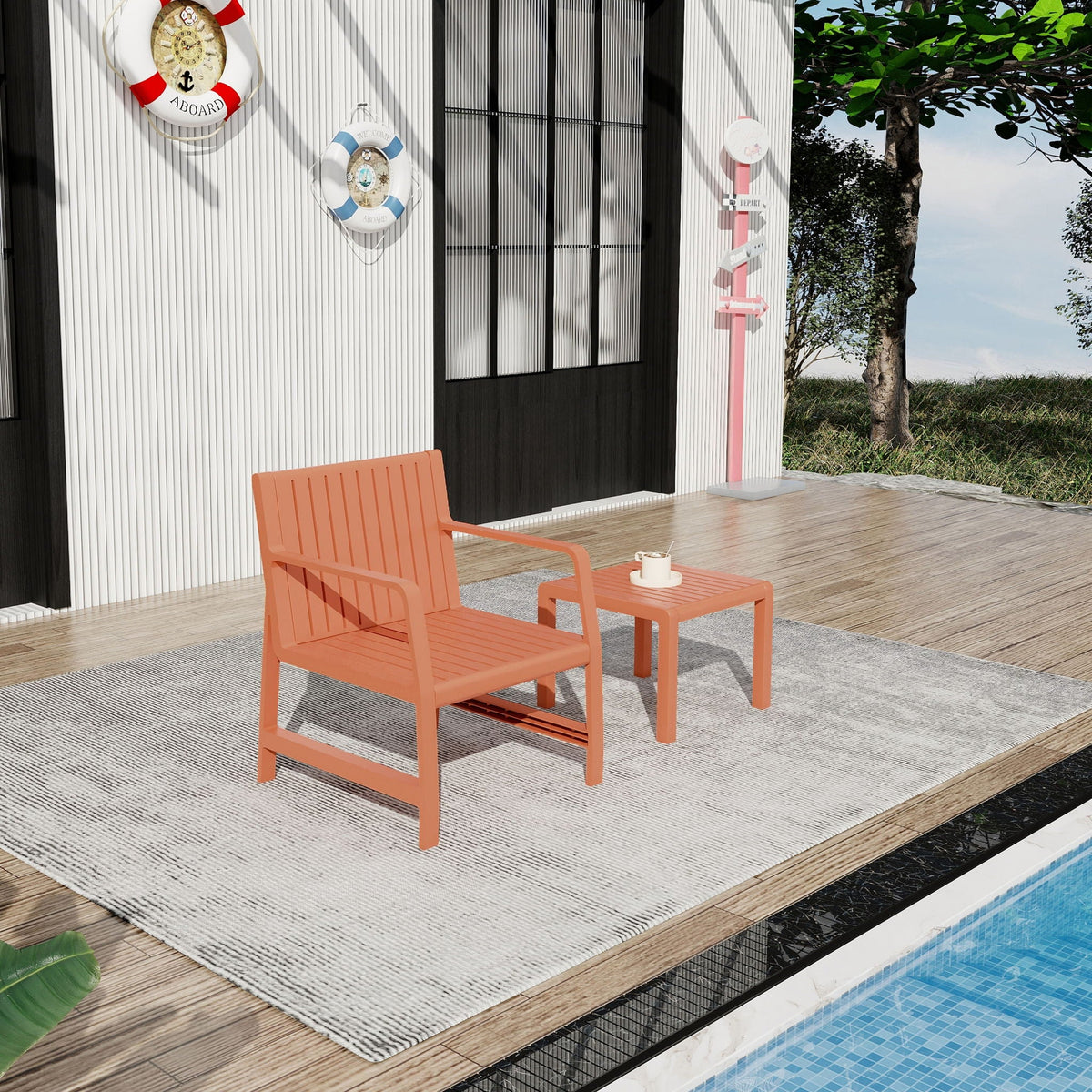 HouseOfZazla orange waterproof 2-piece outdoor patio set with 2 chairs and table on wood deck on Tampa Home & Garden Store