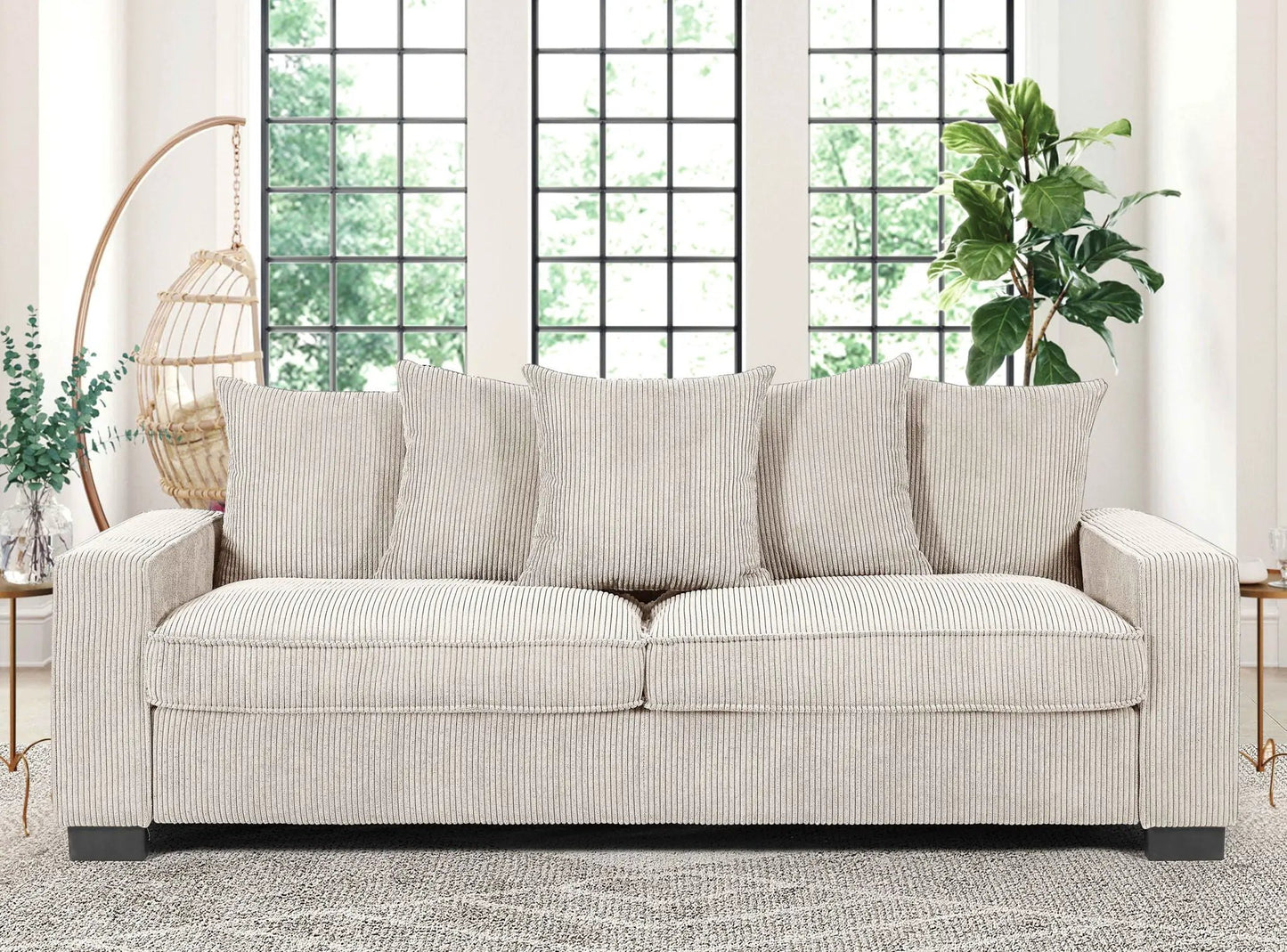 Luxe 3-seat sofa in beige striped fabric with 5 matching toss pillows, stationary sofa on Tampa Home & Garden Store