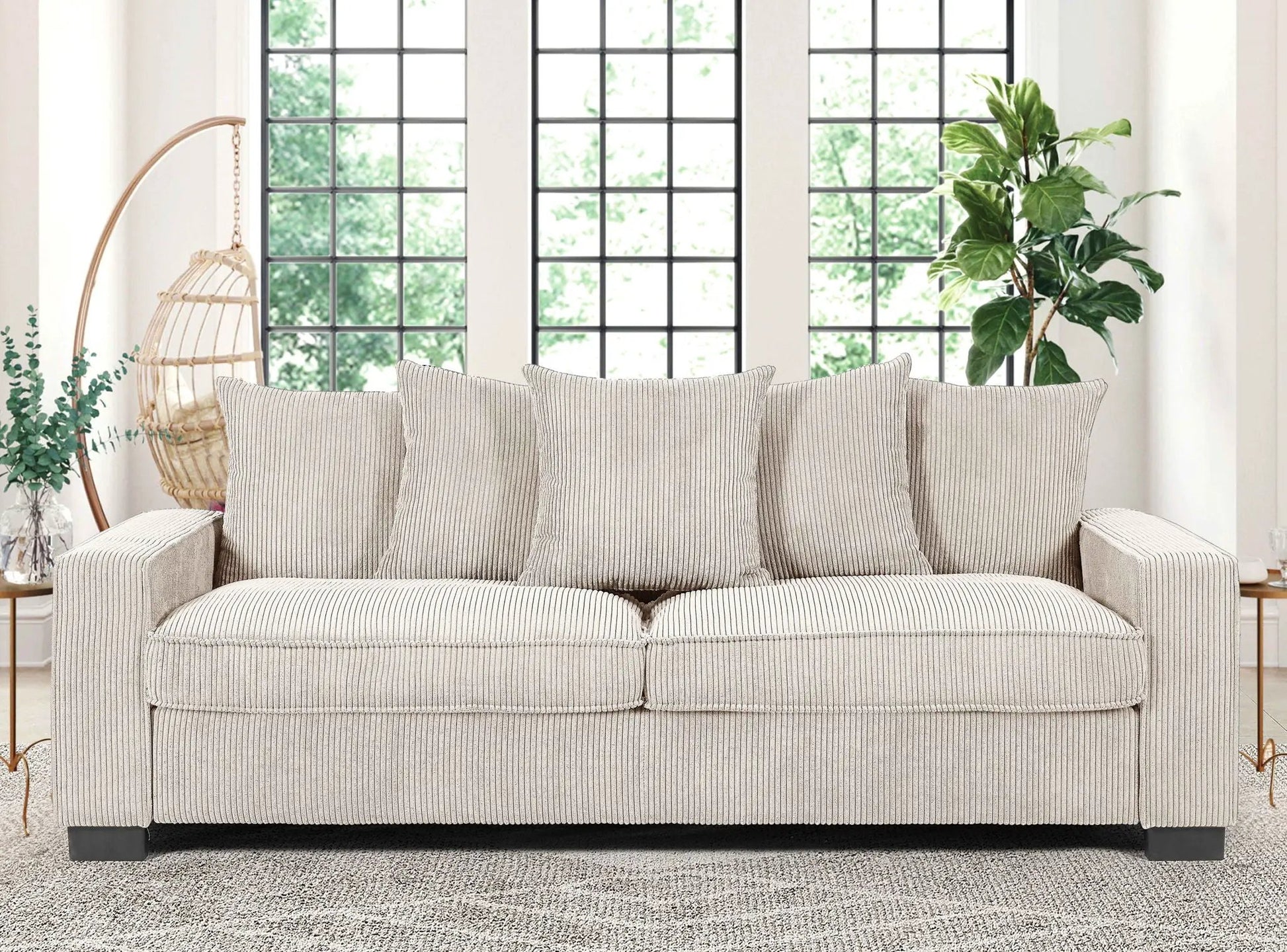 Luxe 3-seat sofa in beige striped fabric with 5 matching toss pillows, stationary sofa on Tampa Home & Garden Store
