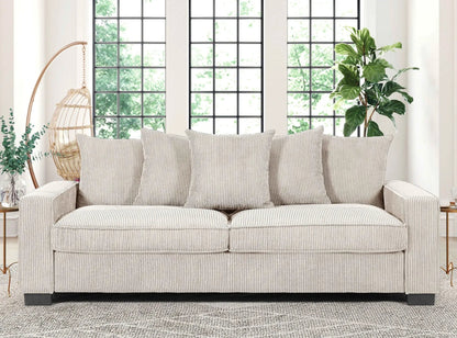 Luxe 3-seat sofa in beige striped fabric with 5 matching toss pillows, stationary sofa on Tampa Home & Garden Store