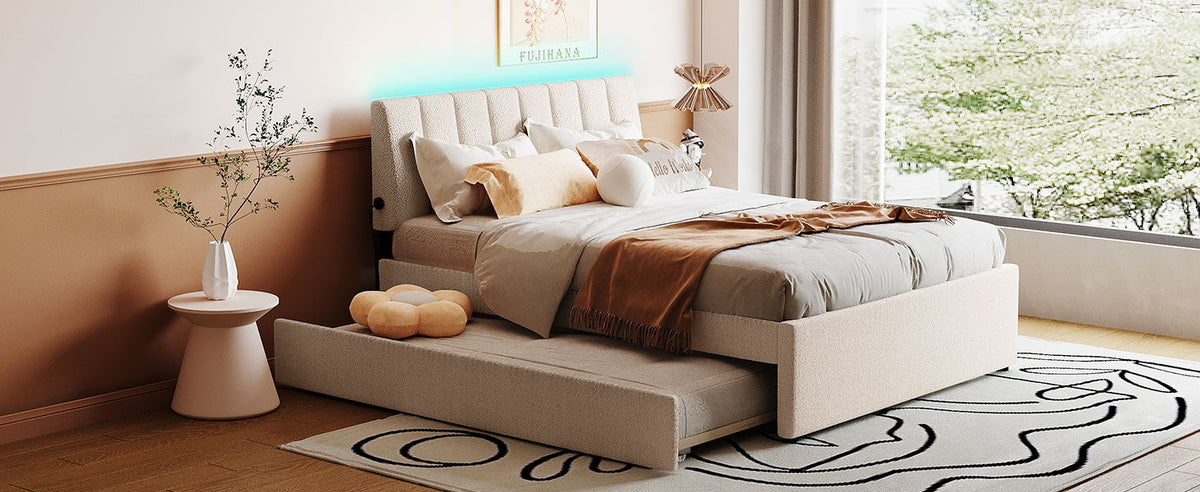 Upholstered platform bed with a beige padded headboard and pull-out trundle on Tampa Home & Garden Store