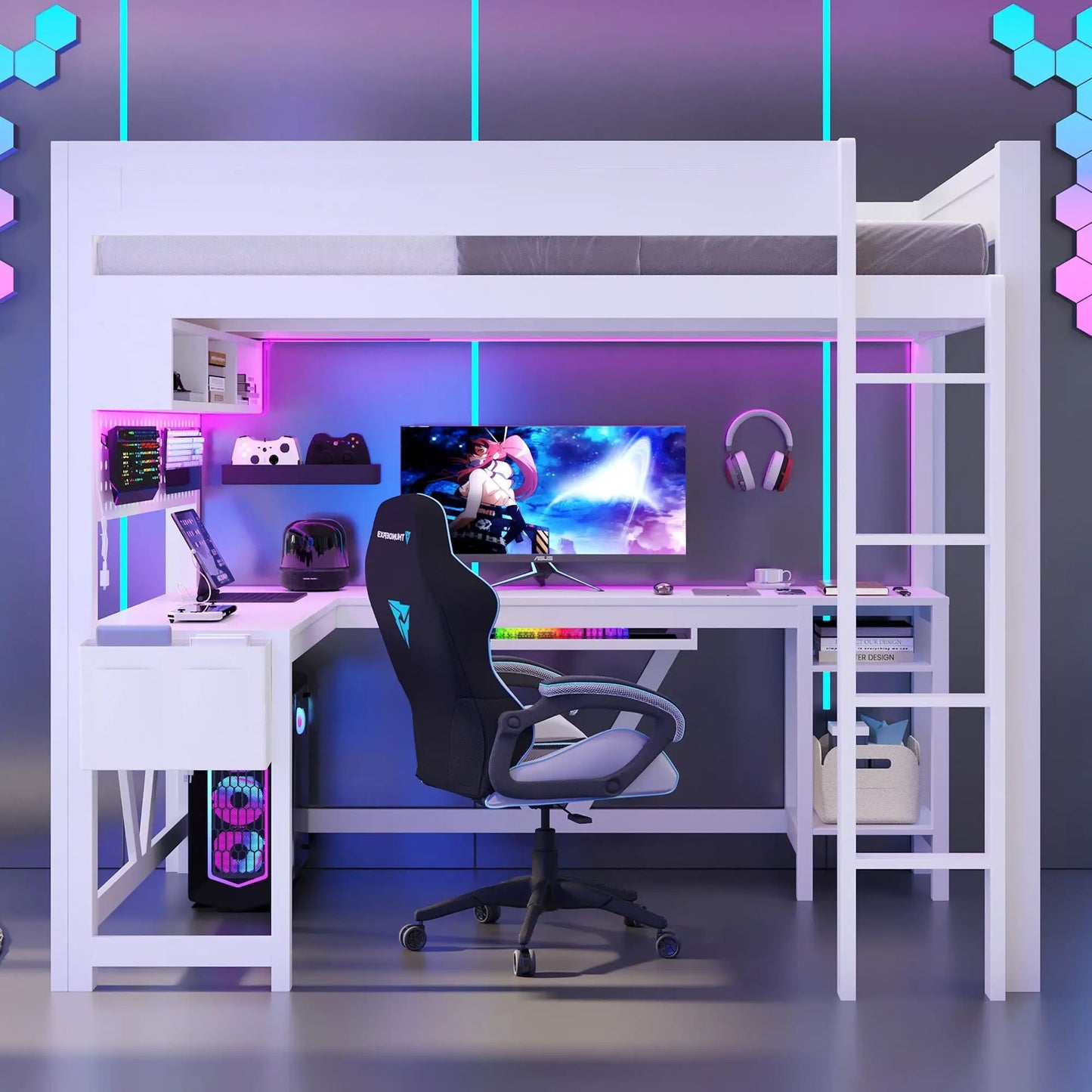 Gaming Loft Bed with Desk and LED Lighting