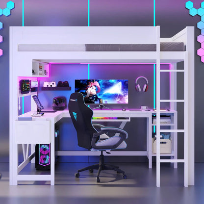 Gaming Loft Bed with Desk and LED Lighting