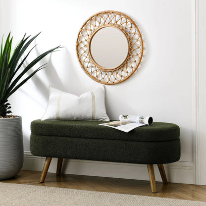 Ottoman oval storage bench in dark green upholstery with rubber wood legs on Tampa Home & Garden Store
