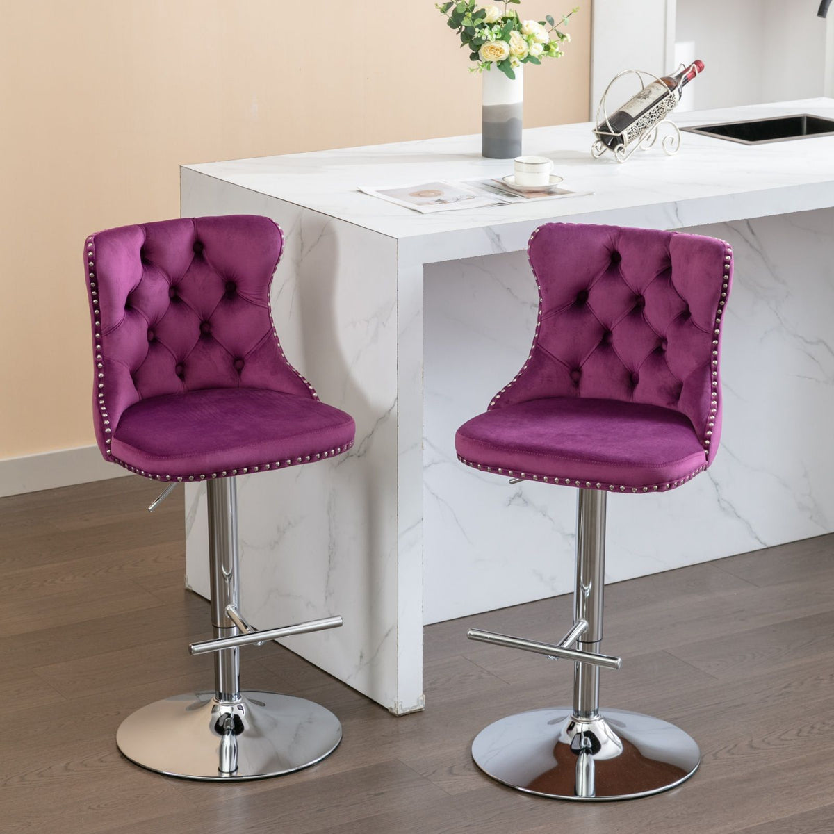 HouseOfZazla purple velvet swivel adjustable-height barstools, set of 2 with chrome bases on Tampa Home & Garden Store