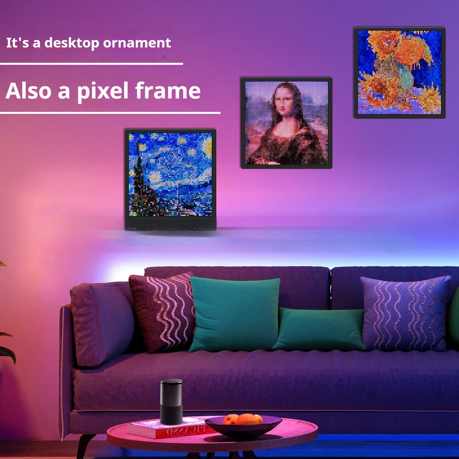 Bluetooth LED pixel frame trio wall art panels in black with graffiti designs under purple light on Tampa Home & Garden Store