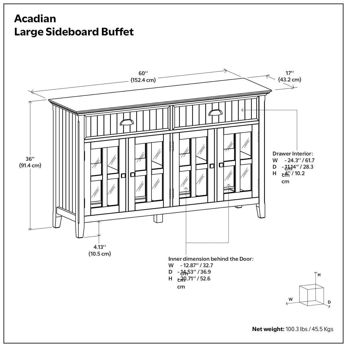 Acadian brown solid pine large sideboard buffet with glass-pane doors and two drawers on Tampa Home & Garden Store