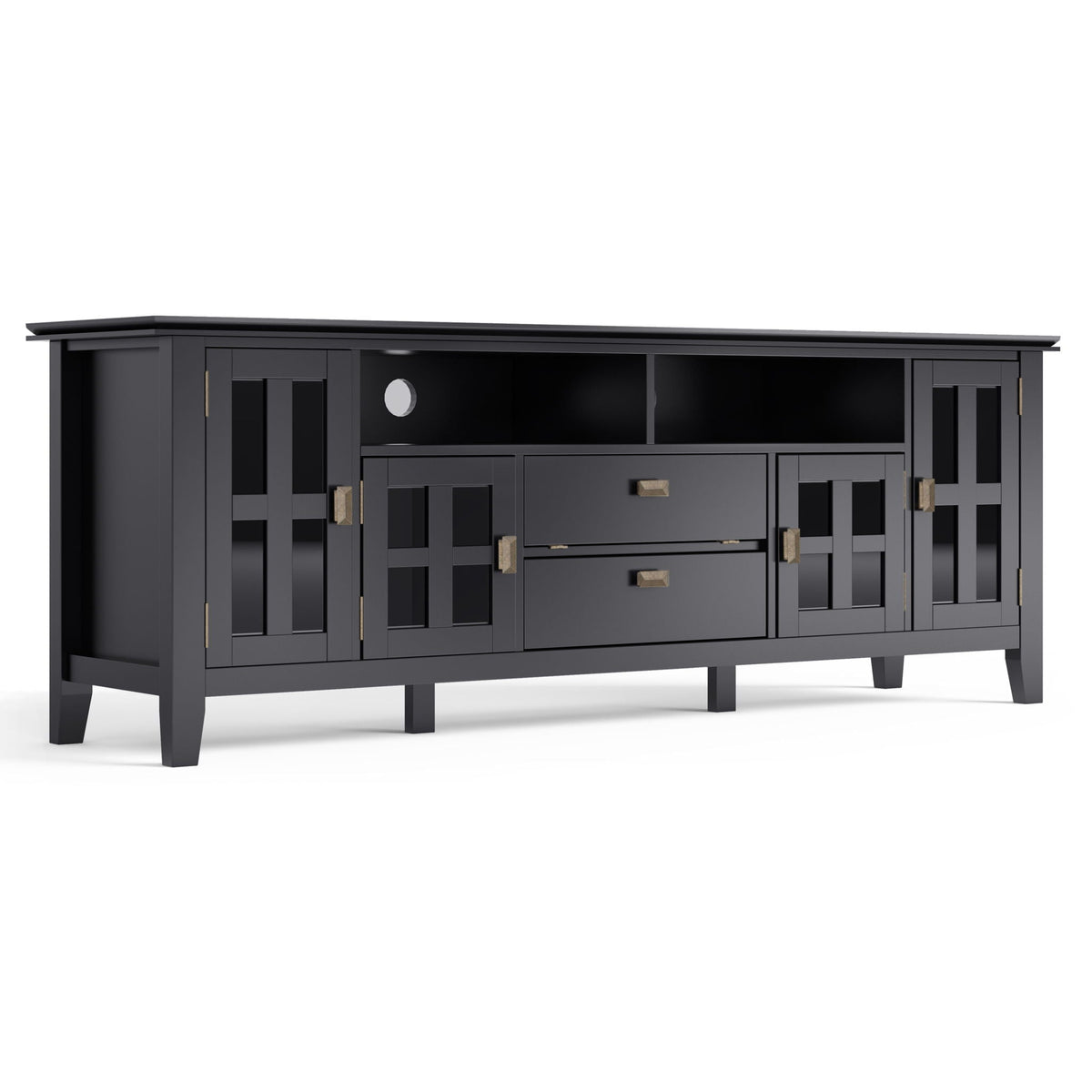 Artisan solid wood TV stand with flip drawer in black, brass hardware HouseOfZazla on Tampa Home & Garden Store