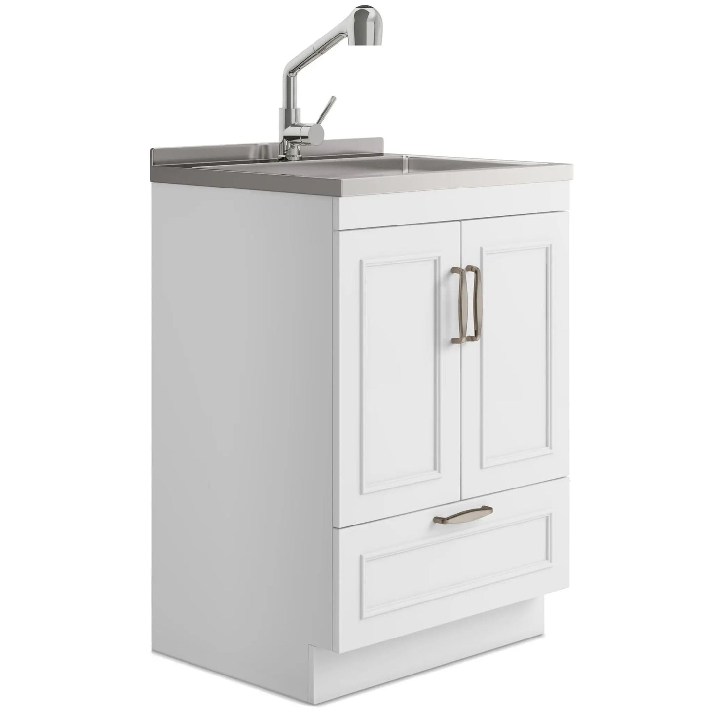 Cardinal laundry cabinet with faucet and sink, white wood vanity, chrome faucet on Tampa Home & Garden Store