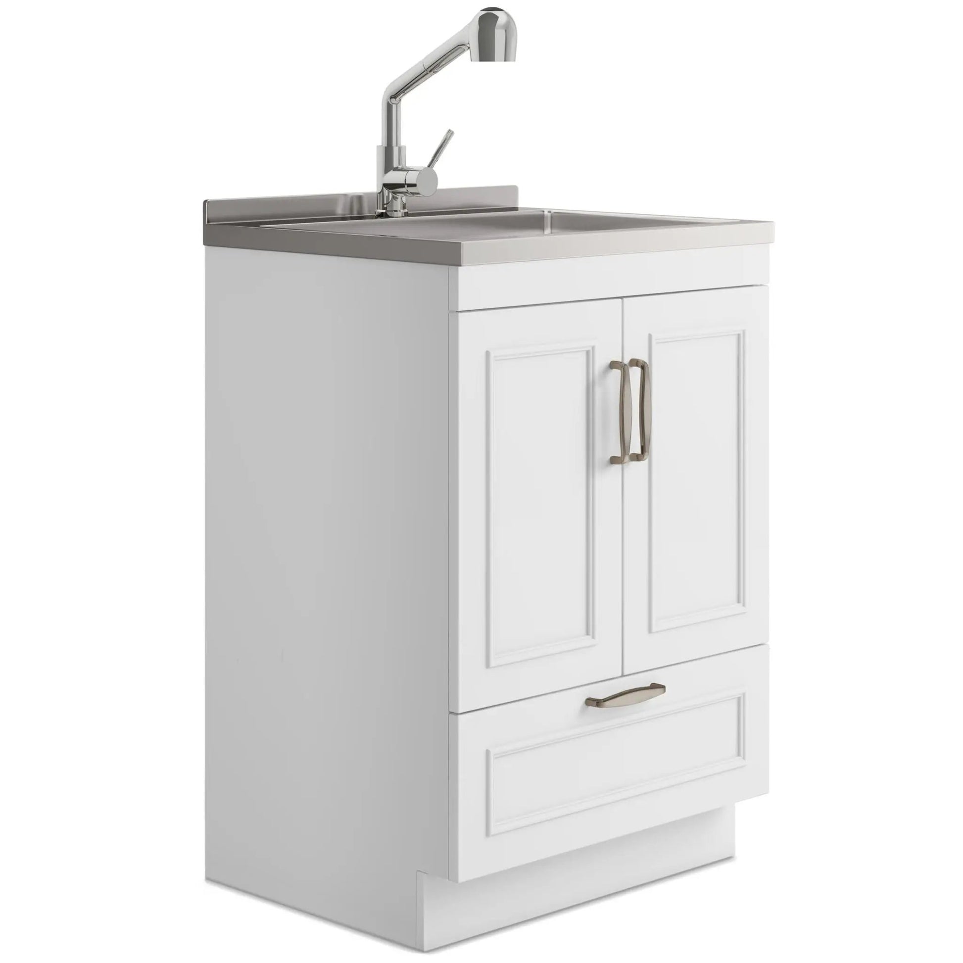 Cardinal laundry cabinet with faucet and sink, white wood vanity, chrome faucet on Tampa Home & Garden Store