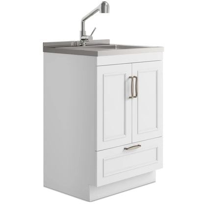 Cardinal laundry cabinet with faucet and sink, white wood vanity, chrome faucet on Tampa Home & Garden Store