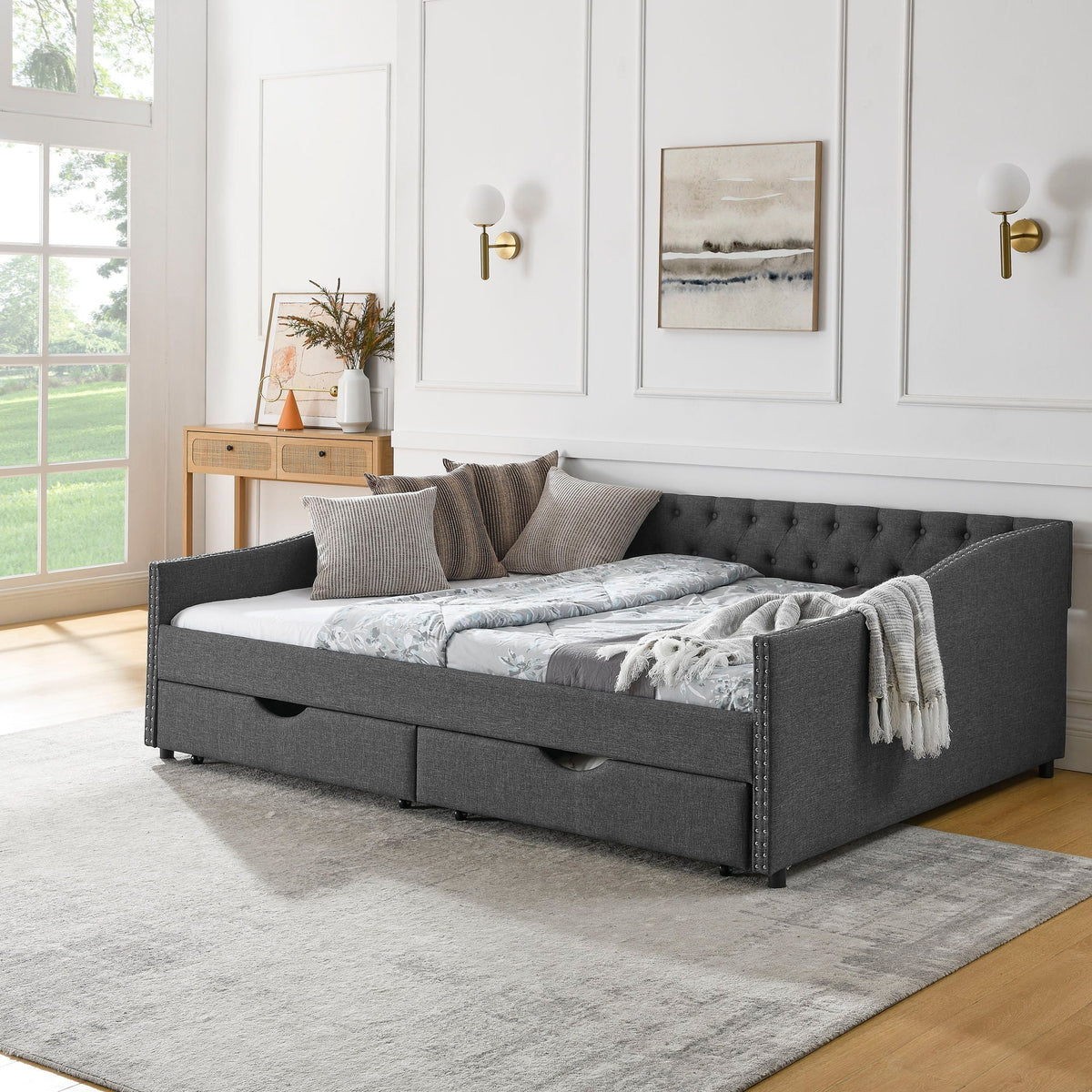 Upholstered Tufted Daybed with Storage Drawers