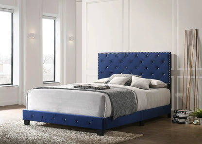 Luxurious Upholstered Bed by Unique Piece Furniture, blue tufted headboard with nailhead trim on Tampa Home & Garden Store