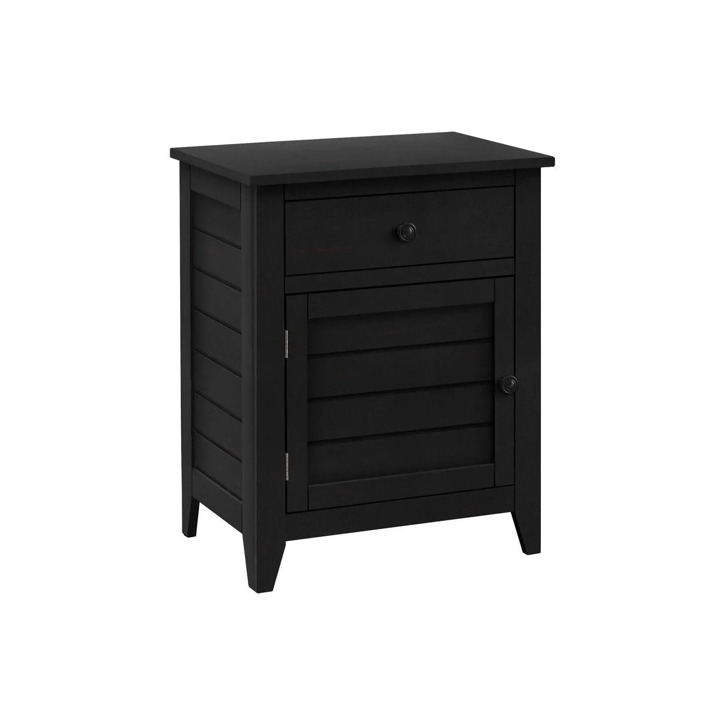 Accent nightstand in black finish with top drawer and slatted cabinet door on Tampa Home & Garden Store