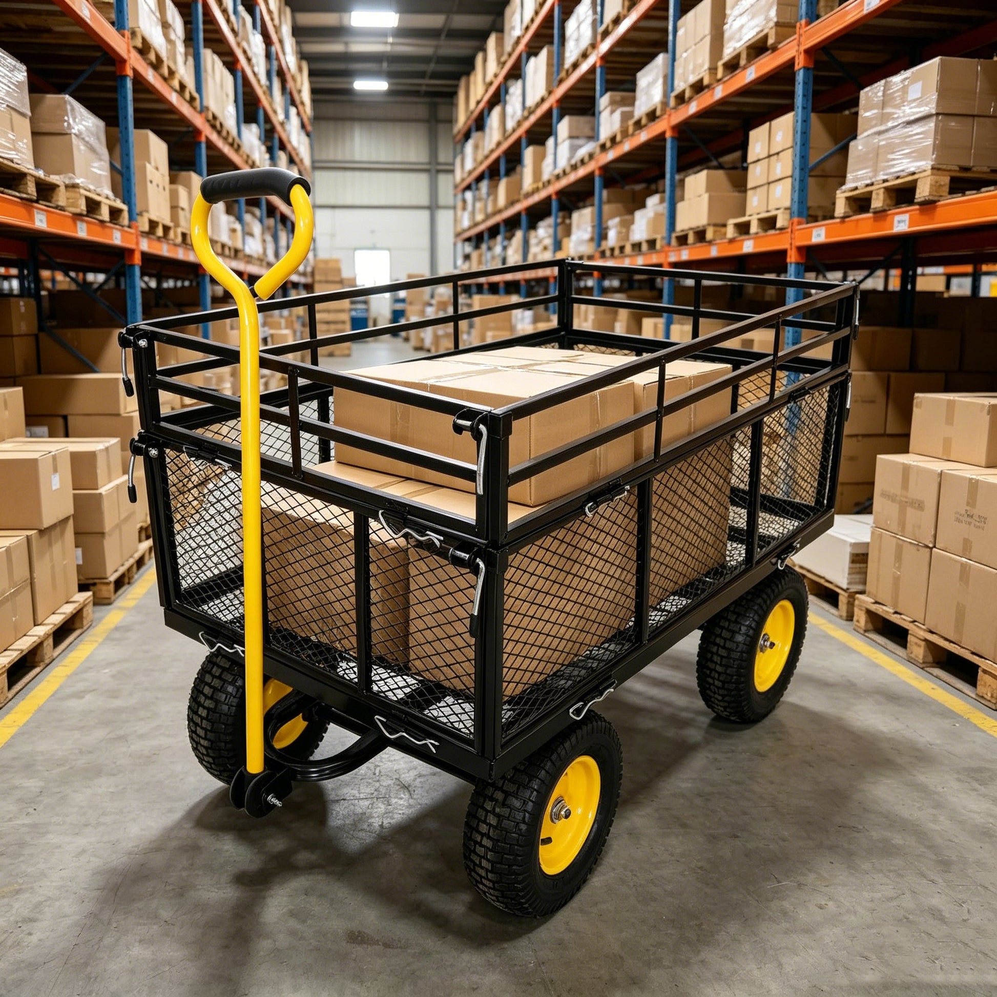 Wagon cart with black metal frame and bright yellow wheels in a warehouse setting on Tampa Home & Garden Store