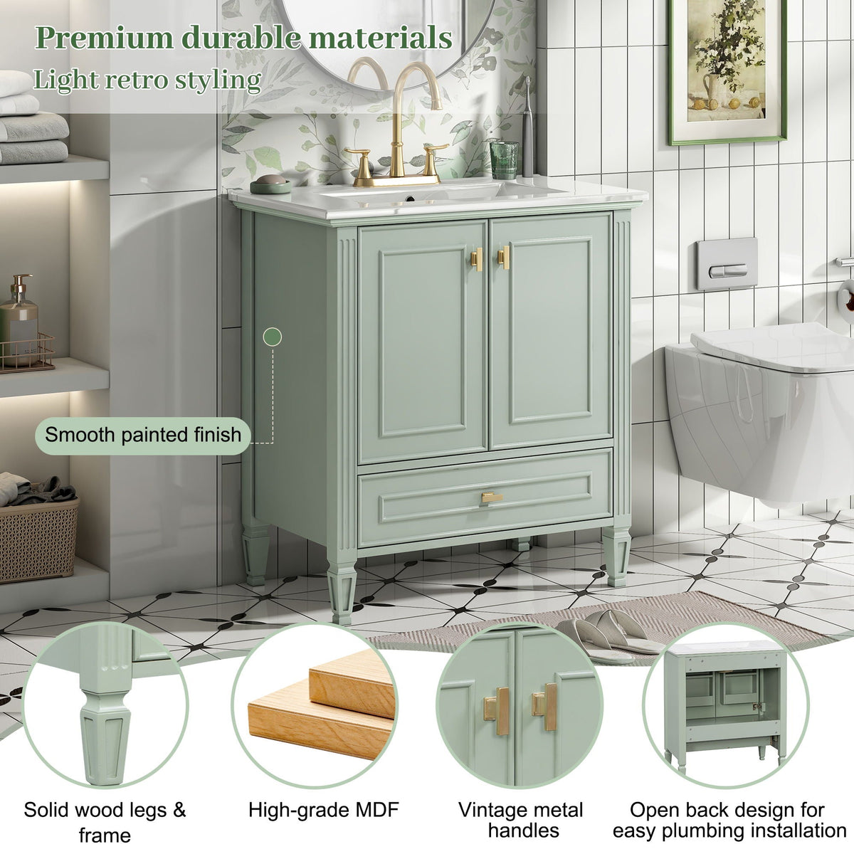 HouseOfZazla freestanding vanity in green with drawer, soft-close doors, and solid wood legs on Tampa Home & Garden Store