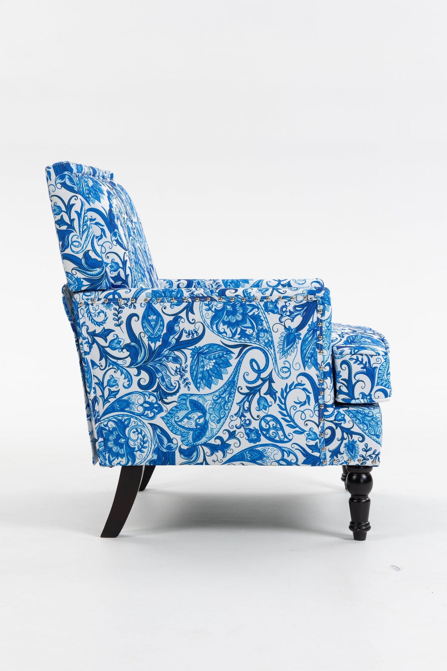 Upholstered Accent Chair blue and white porcelain print fabric with nailhead trim dark legs on Tampa Home & Garden Store