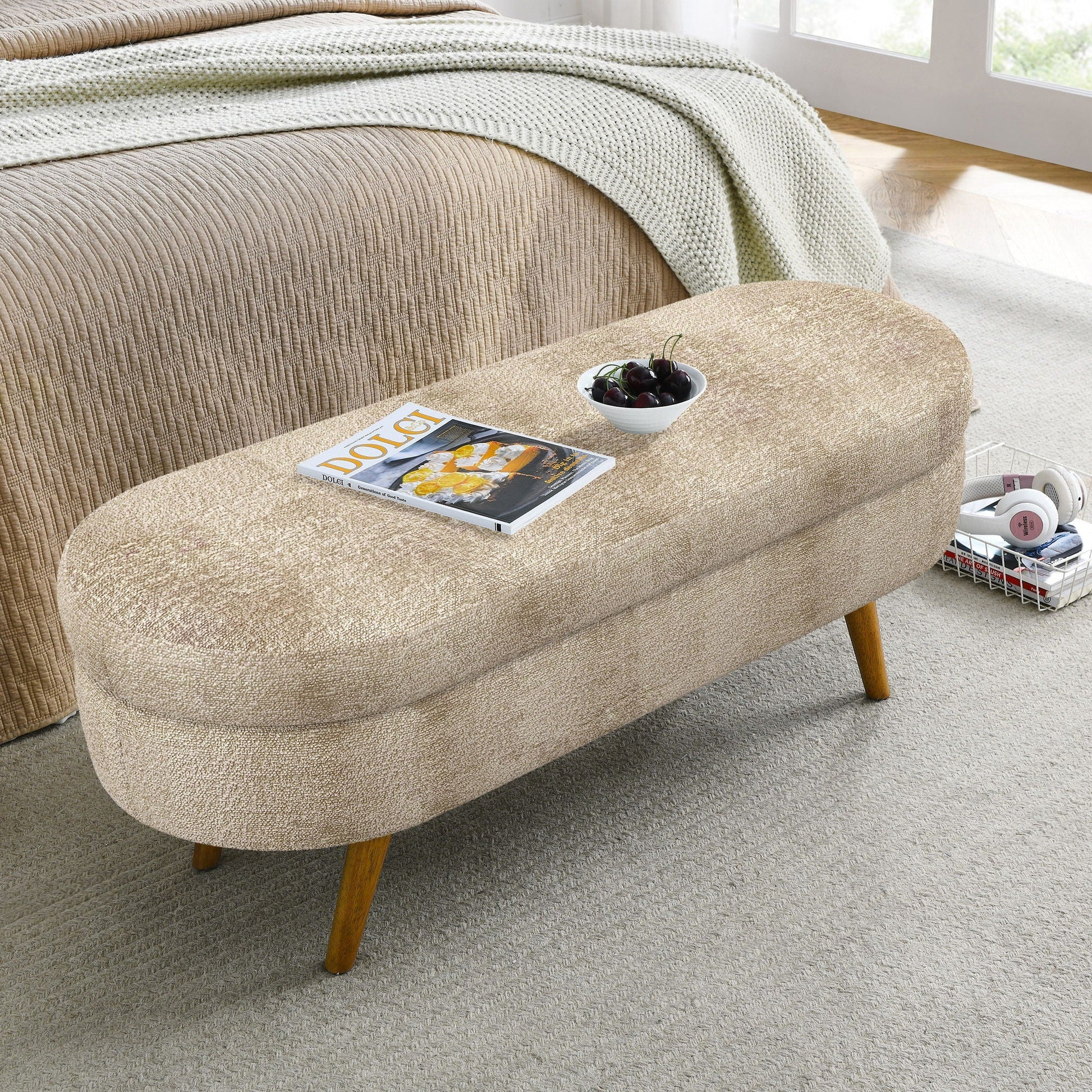 Modern oval storage ottoman bench beige boucle with rubber wood legs HouseOfZazla on Tampa Home & Garden Store