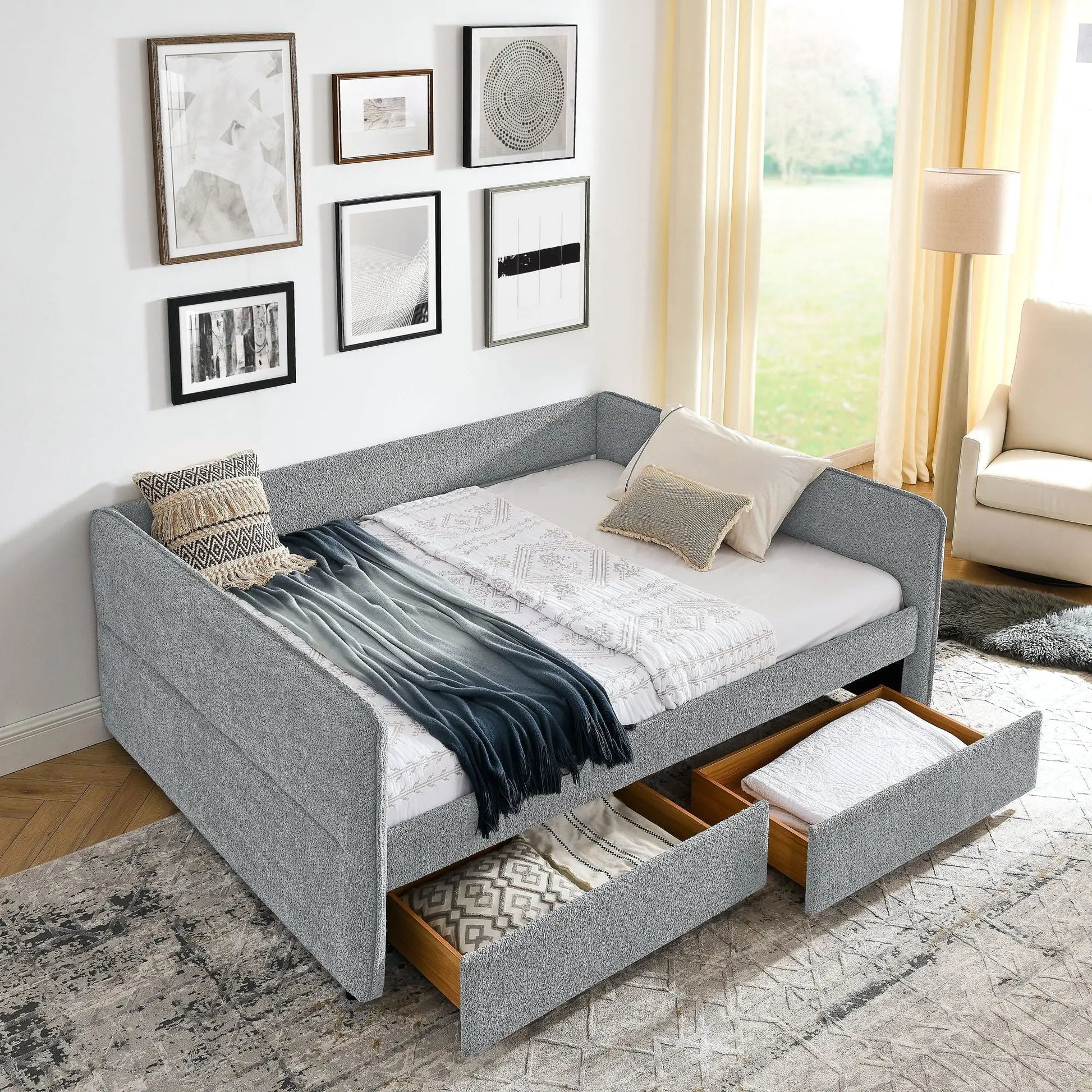 Upholstered daybed with 2 drawers in grey fabric by Unique Piece Furniture on Tampa Home & Garden Store