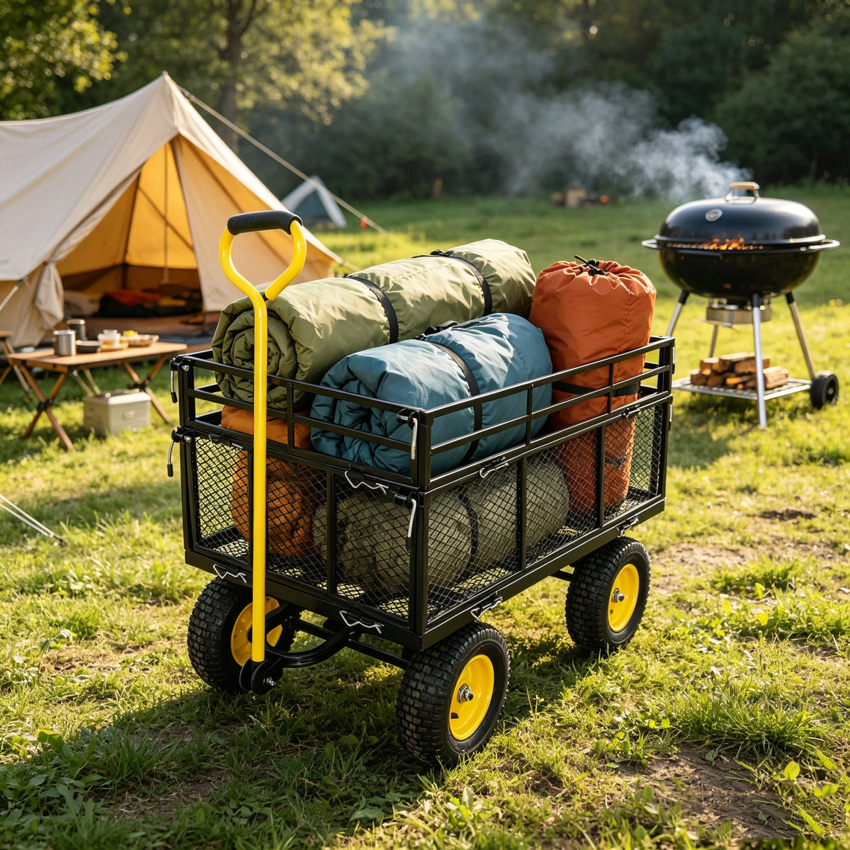Garden wagon cart with black metal frame and yellow wheels loaded with camping gear on Tampa Home & Garden Store
