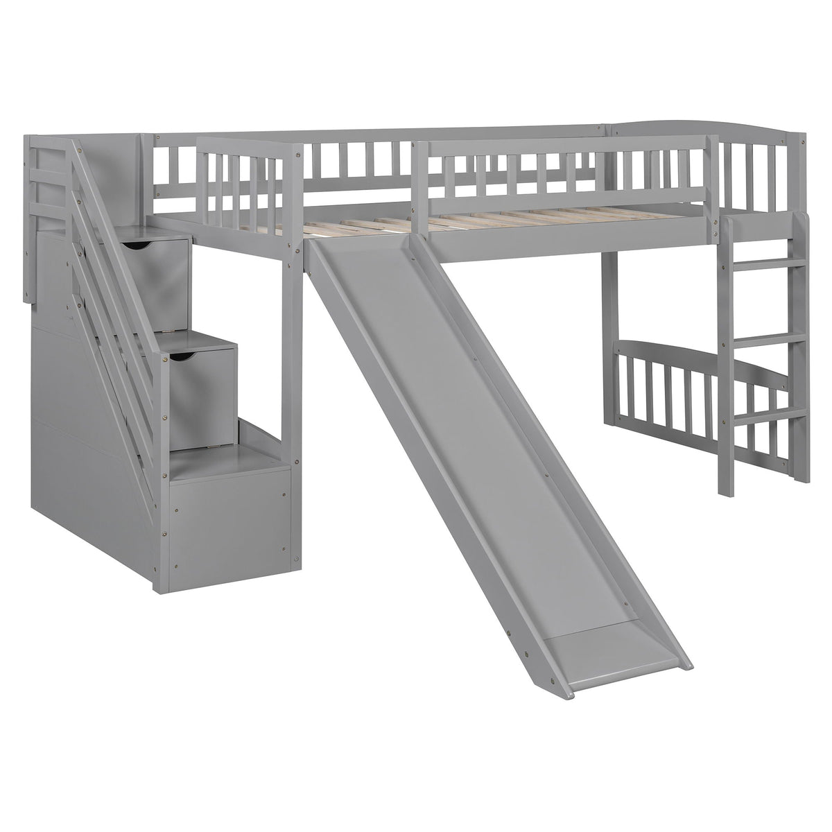 Loft Stairway Bed with 2 Drawers and slide in gray finish with built-in staircase on Tampa Home & Garden Store
