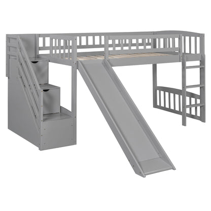 Loft Stairway Bed with 2 Drawers and slide in gray finish with built-in staircase on Tampa Home & Garden Store
