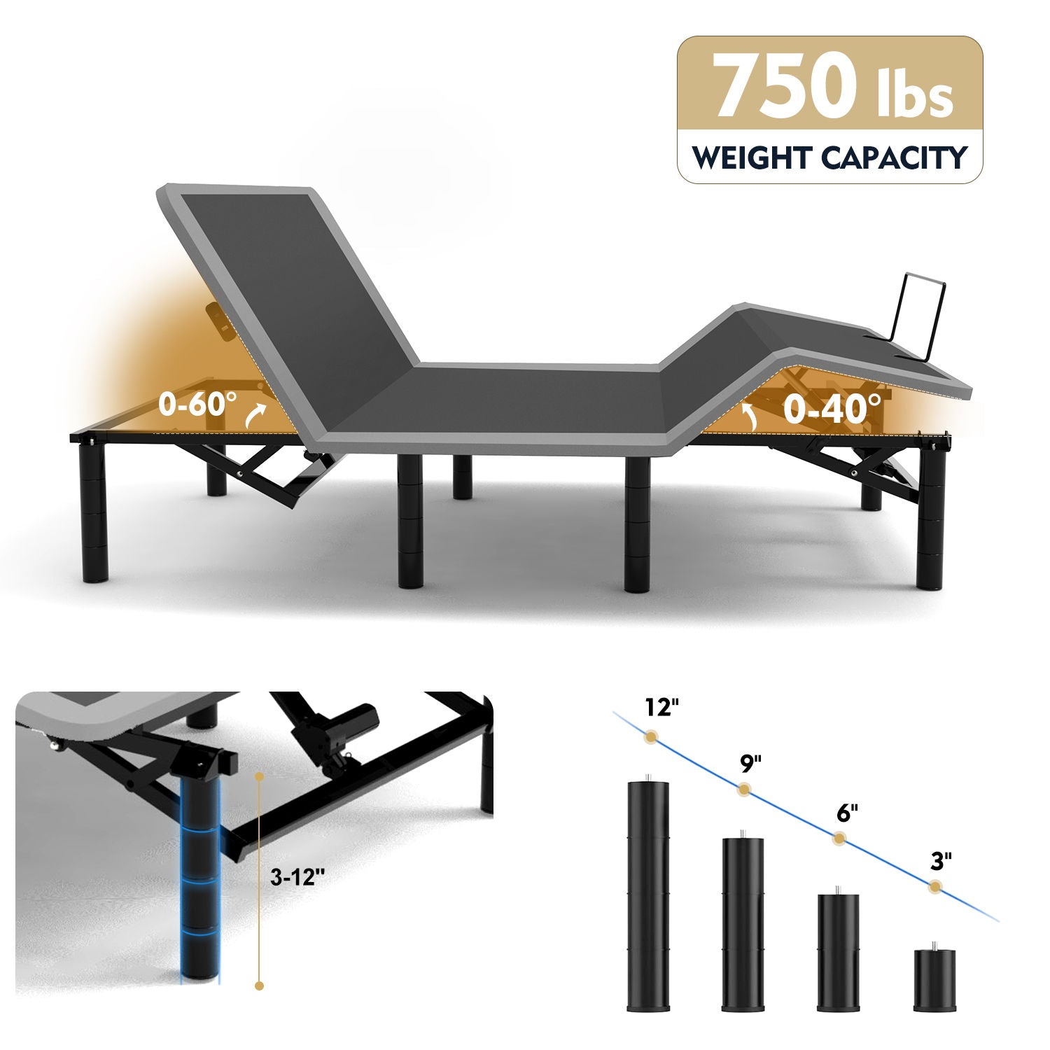 Adjustable bed with massage incline, wireless remote, USB ports, LED night light, 750 lb capacity on Tampa Home & Garden Store