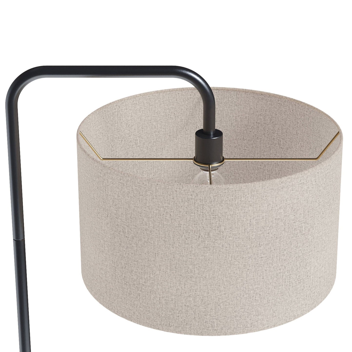 Puck Contemporary Floor Lamp beige linen shade, black curved frame, gold trim HouseOfZazla on Tampa Home & Garden Store