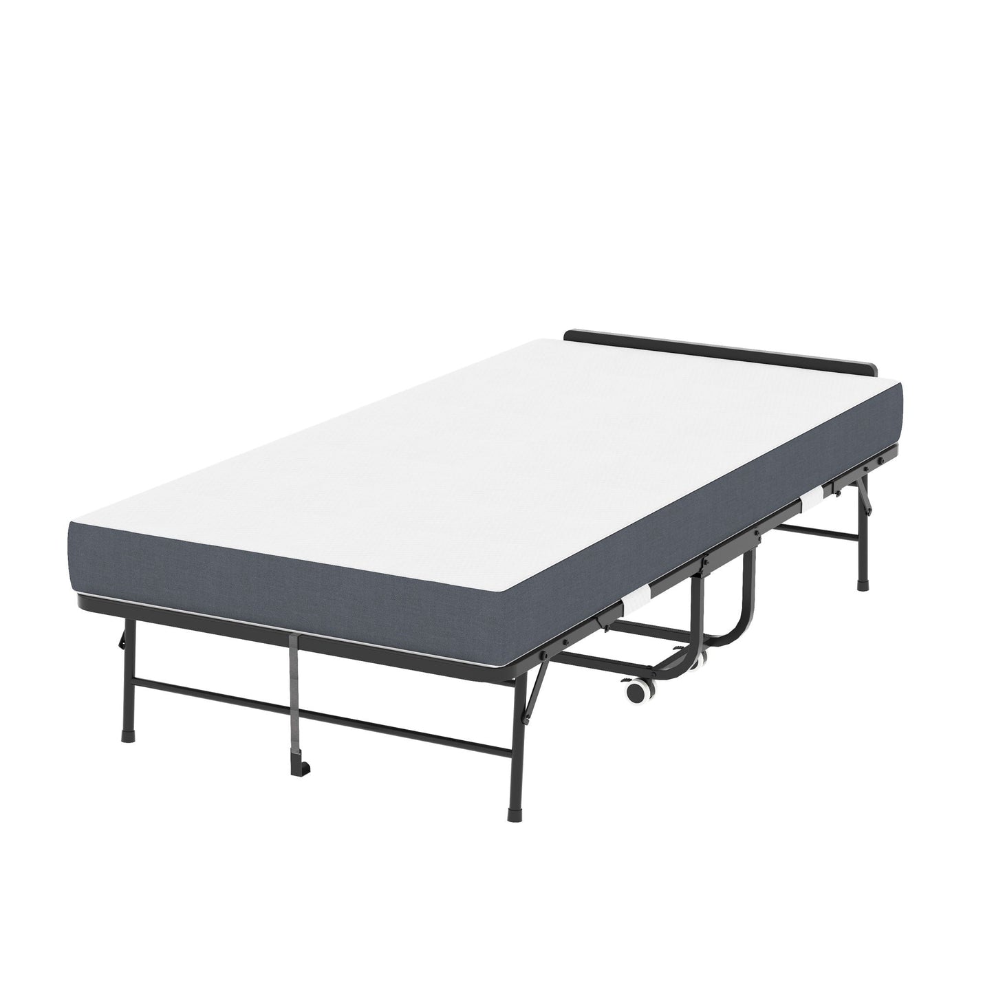 Twin folding bed by HouseOfZazla with memory foam mattress in black metal frame on wheels; adjustable headboard on Tampa Home & Garden Store