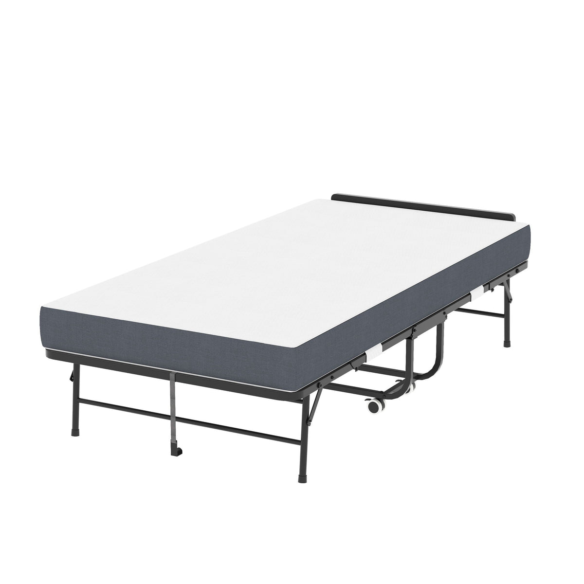 Twin folding bed by HouseOfZazla with memory foam mattress in black metal frame on wheels; adjustable headboard on Tampa Home & Garden Store