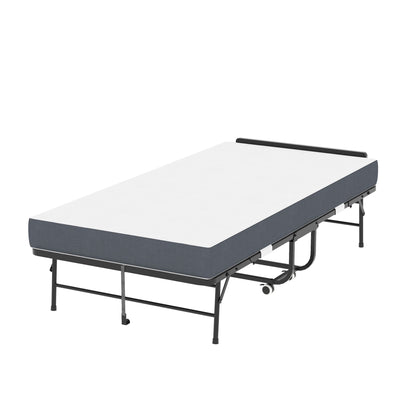 Twin folding bed by HouseOfZazla with memory foam mattress in black metal frame on wheels; adjustable headboard on Tampa Home & Garden Store