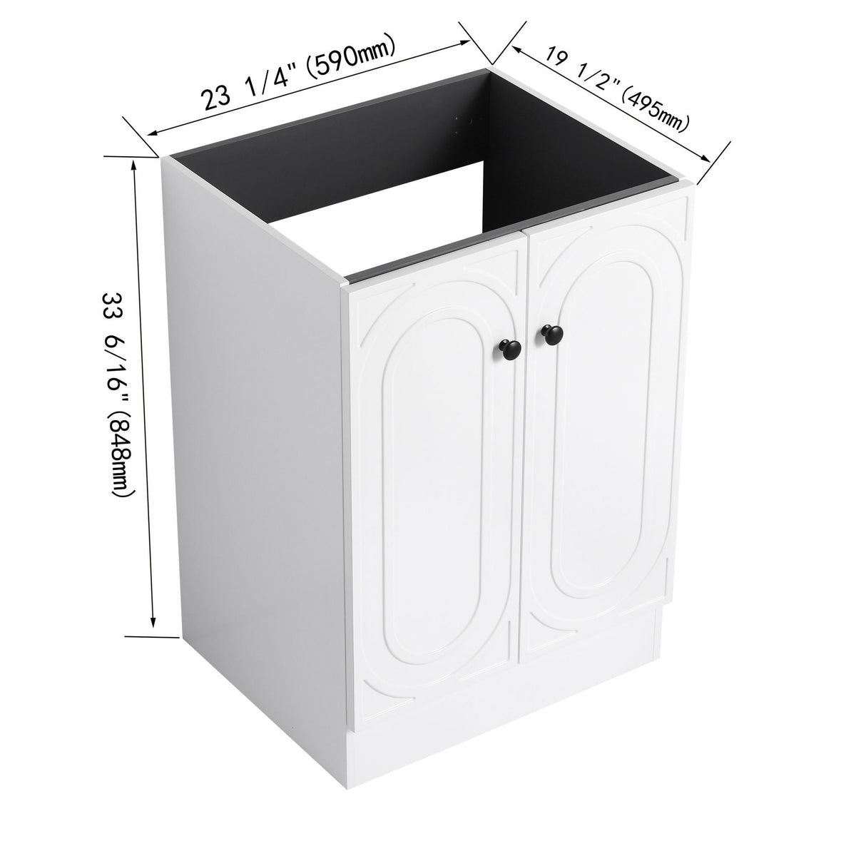 Freestanding bathroom vanity with soft close, white cabinet, two panel doors, black interior on Tampa Home & Garden Store