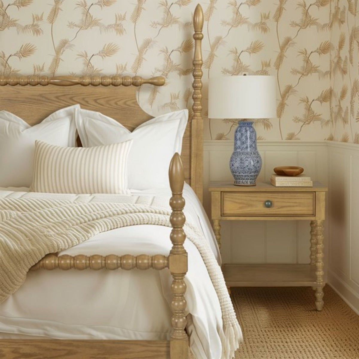 Traditional light brown nightstand with one drawer and lower shelf beside a blue ceramic lamp on Tampa Home & Garden Store