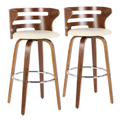 Mid Century Modern barstools set of 2 with tan upholstered seats and wooden backs, chrome footrest on Tampa Home & Garden Store