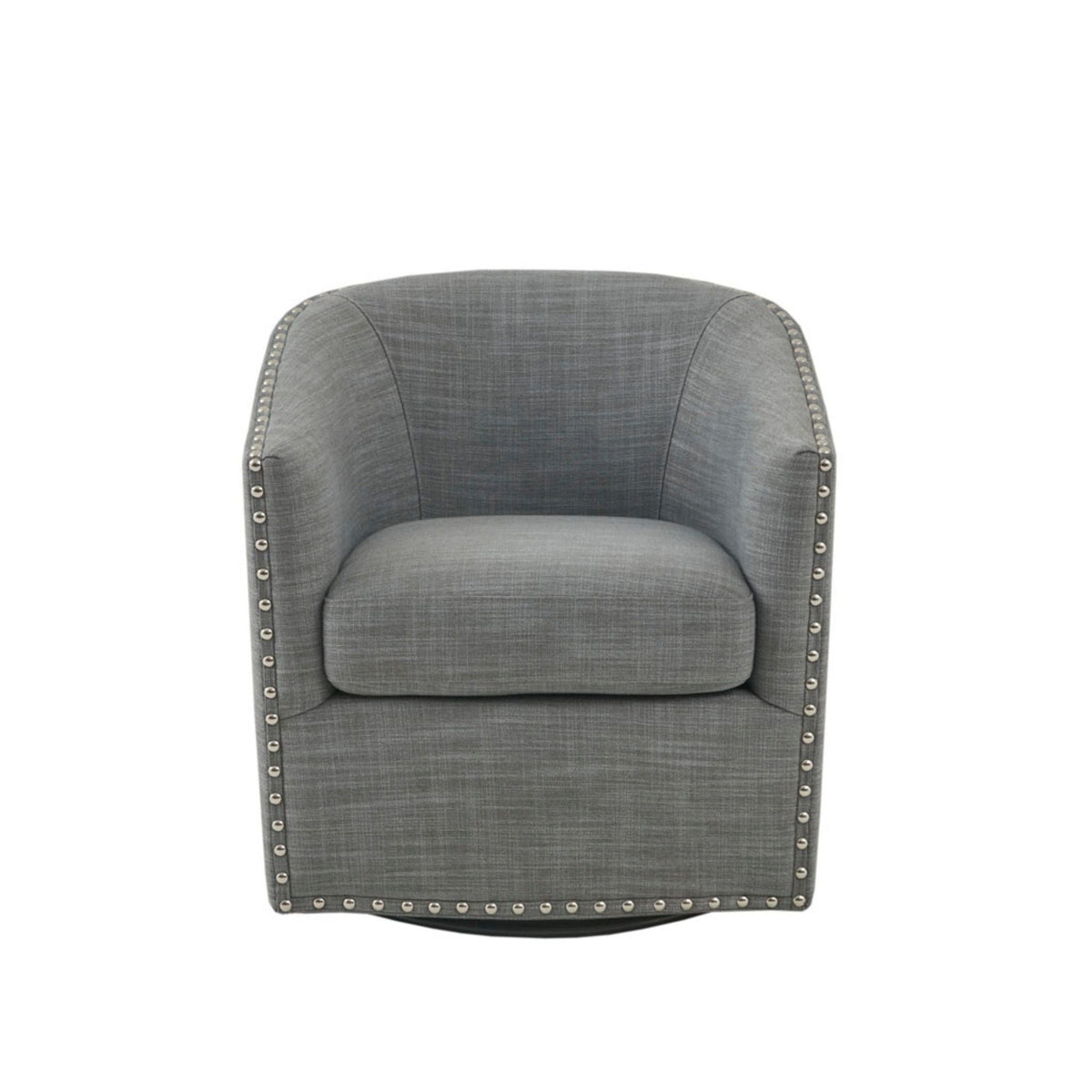 Luxurious pearl silver swivel chair with nailhead trim on Tampa Home & Garden Store