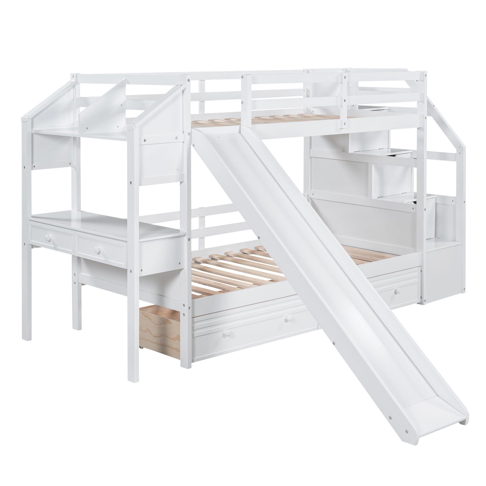 Bunk bed with storage staircase and slide in white with desk, drawers, shelves by HouseOfZazla on Tampa Home & Garden Store