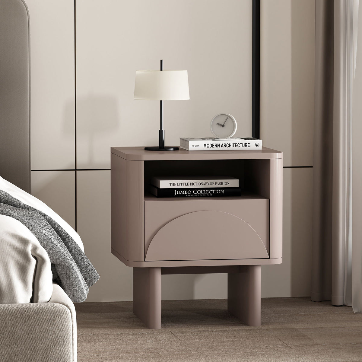 Modern accent nightstand with drawer and shelf in taupe beige brown finish HouseOfZazla on Tampa Home & Garden Store