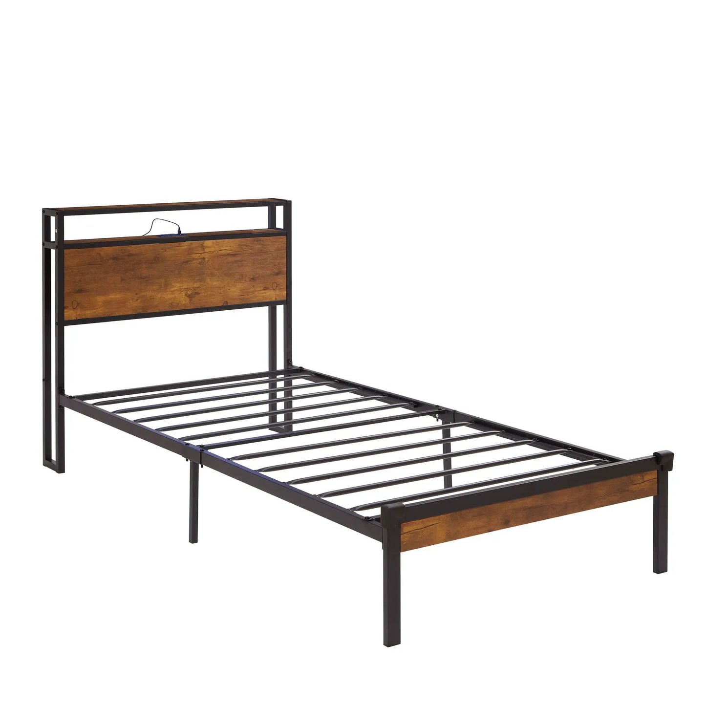 Platform bed frame with warm brown wood headboard and footboard, black metal frame, USB liner on Tampa Home & Garden Store