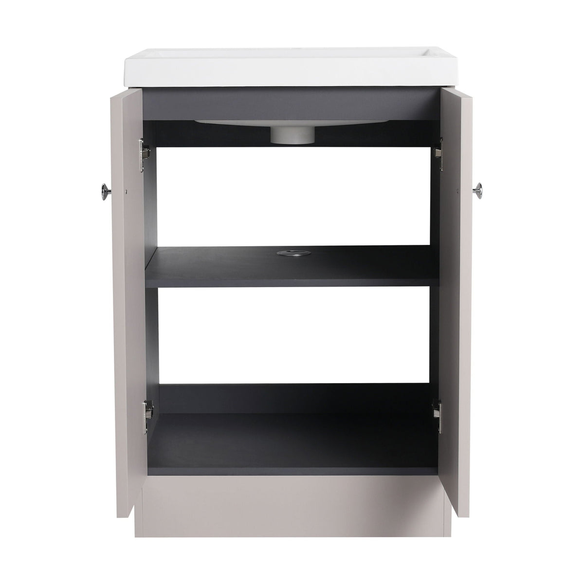 Freestanding Bath Vanity With Resin Sink And Door, white top, gray cabinet, interior with drain on Tampa Home & Garden Store