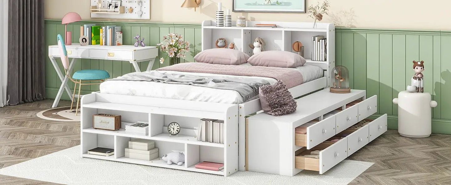 Bed With Bookcase Headboard and Under Bed Storage