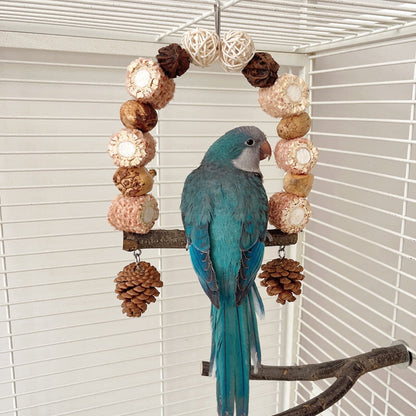Wooden parrot swing with natural log perch and pinecone accents, blue parrot perched on Tampa Home & Garden Store