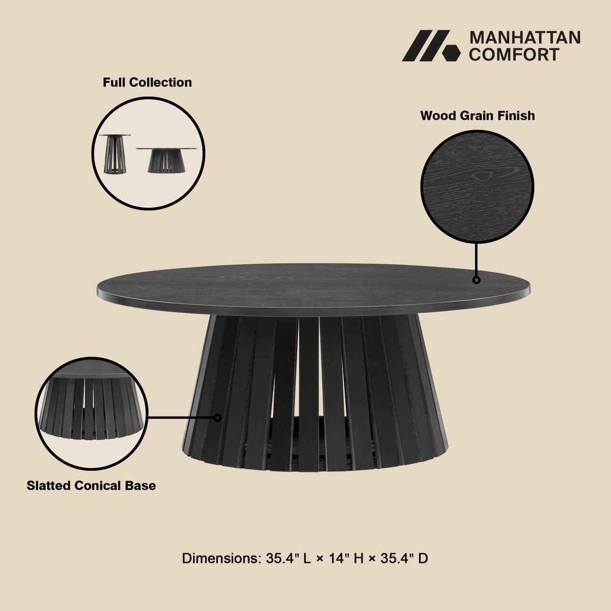 Layla End Table with Wood Grain Finish in black, slatted conical base, Manhattan Comfort branding on Tampa Home & Garden Store
