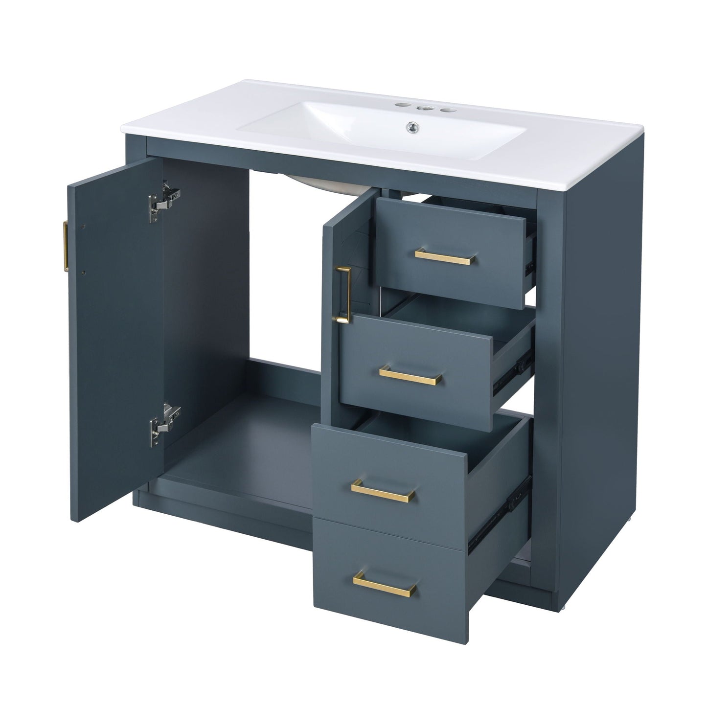 HouseOfZazla bathroom vanity with white sink, blue-gray cabinet, 3 drawers and soft-close doors on Tampa Home & Garden Store