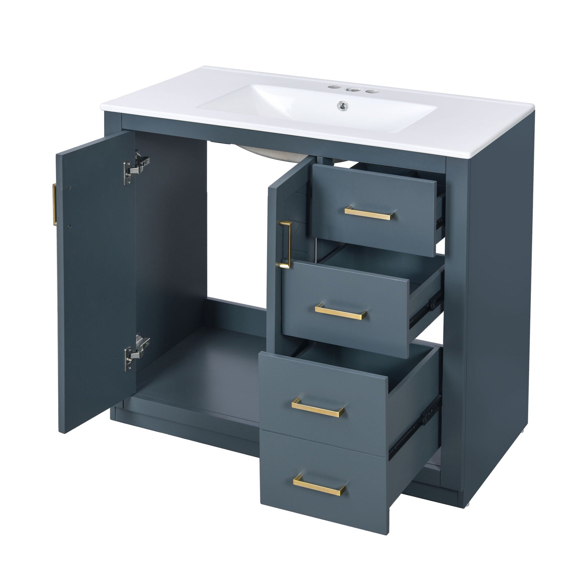 HouseOfZazla bathroom vanity with white sink, blue-gray cabinet, 3 drawers and soft-close doors on Tampa Home & Garden Store