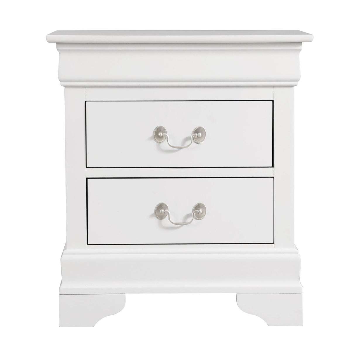 Traditional style white accent nightstand with crown molding top and silver ring pulls on Tampa Home & Garden Store