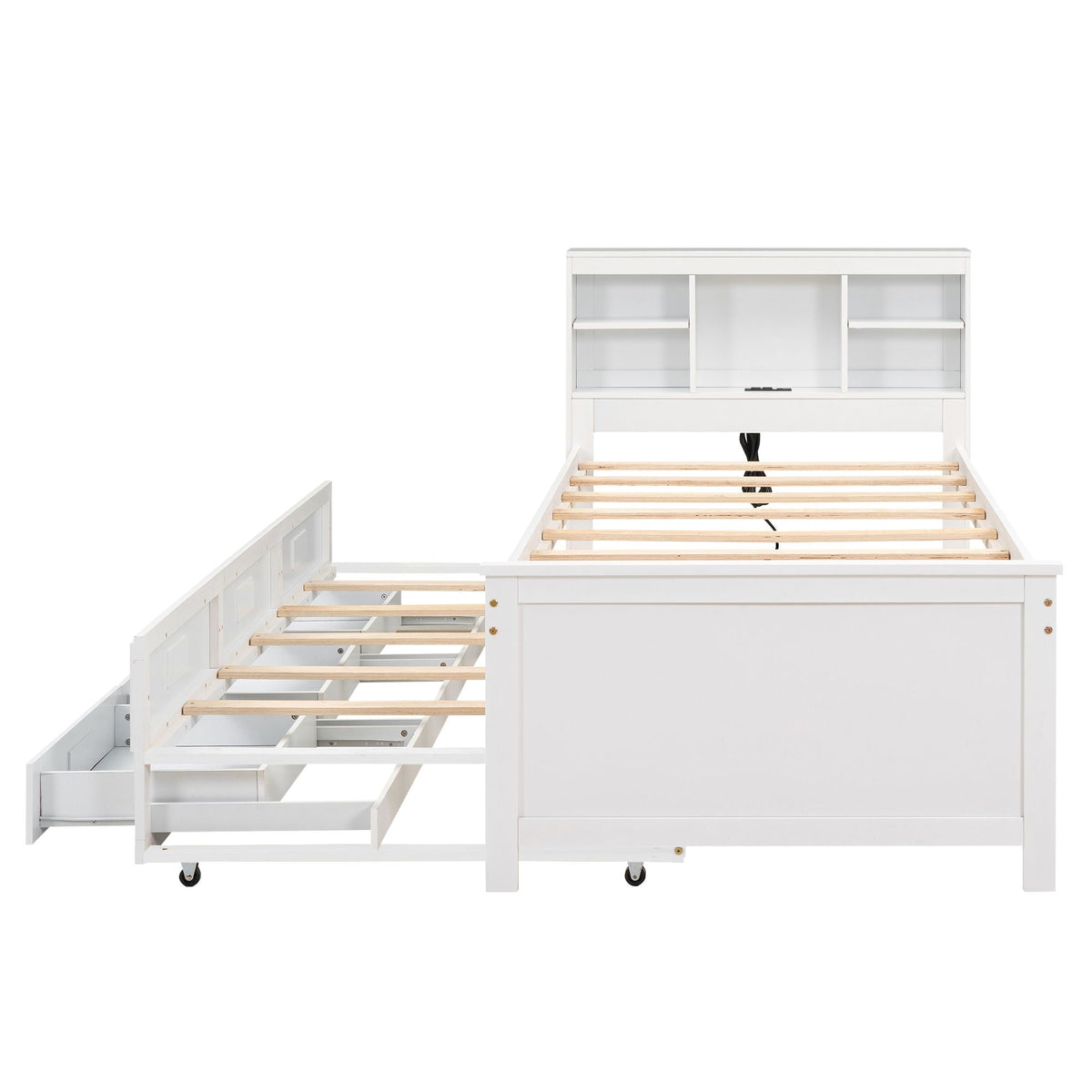 White HouseOfZazla platform bed with storage headboard, USB, trundle and 3 drawers on Tampa Home & Garden Store