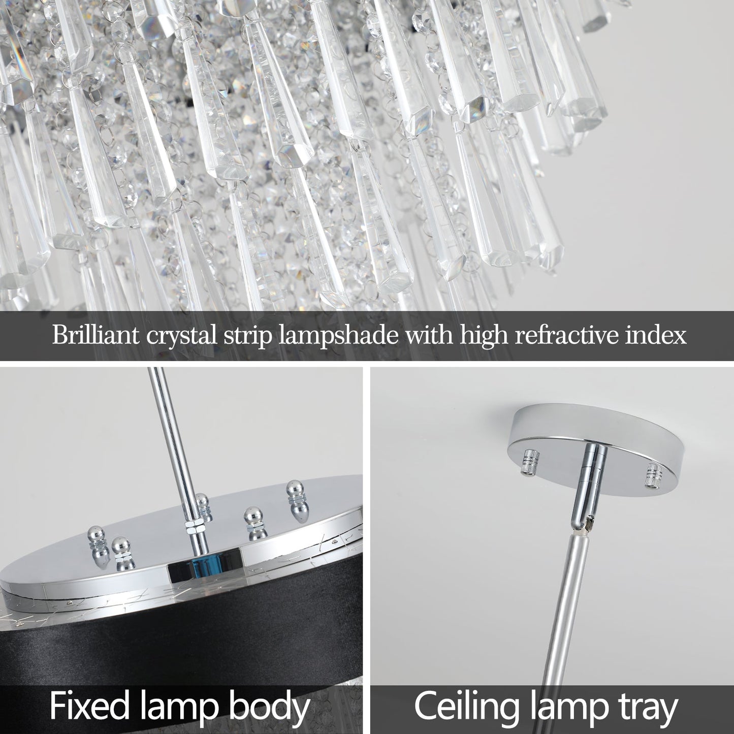 18-inch modern crystal chandelier with hanging prisms and chrome ceiling hardware on Tampa Home & Garden Store