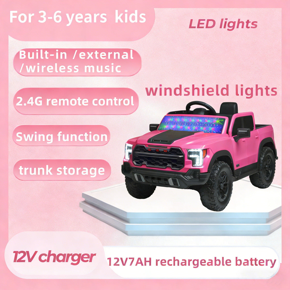 Pink 12V kids ride-on car with remote and music by HouseOfZazla, LED headlights and tires on Tampa Home & Garden Store
