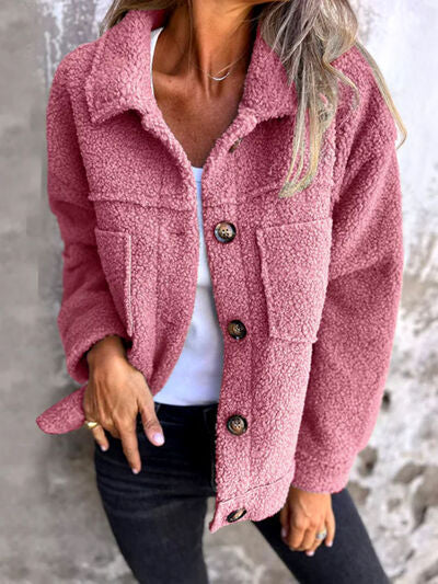 Stevvex fuzzy pink button-up teddy jacket with drop shoulders and pockets on Tampa Home & Garden Store